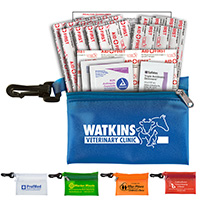19 Piece Healthy Living Pack Components inserted into Translucent Zipper Pouch with Plastic Carabiner Attachment